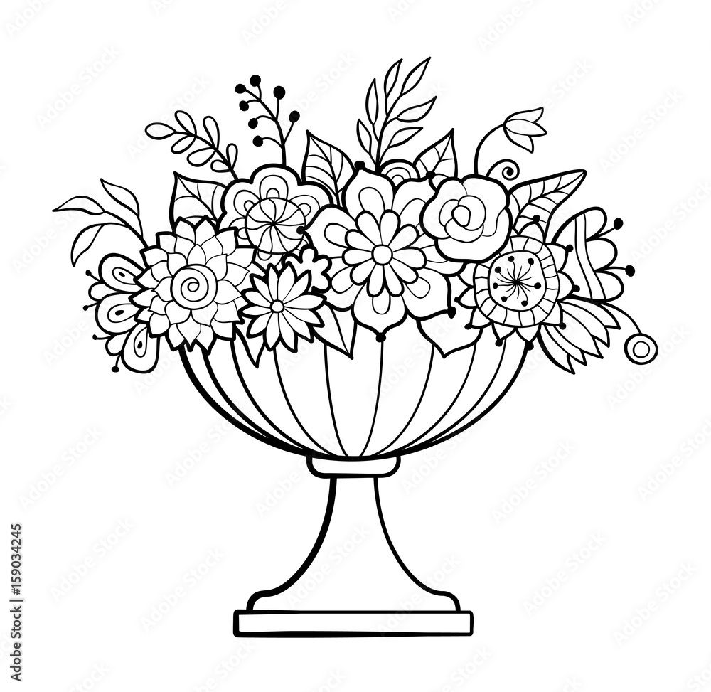 Vase with flowers. Big flower pot. Monochrome vector illustration ...