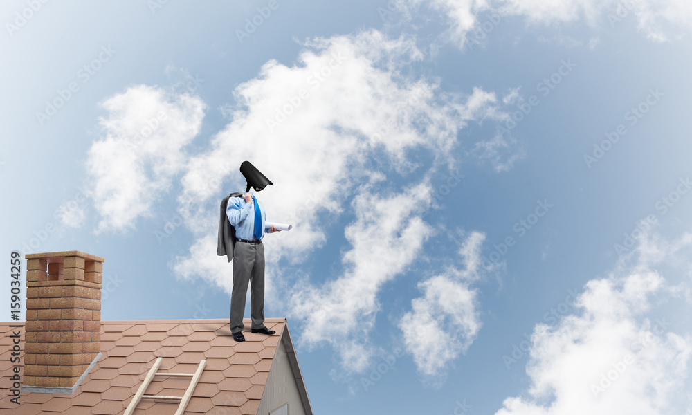Concept of home security and privacy protection with camera headed man Concept of home security and privacy protection with camera headed man