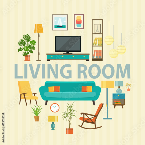 Big detailed Interior set. Cozy living room. Flat vector illustration.