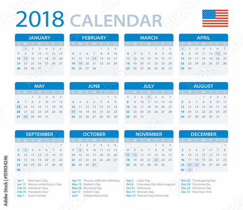 Calendar 2018 - American Version