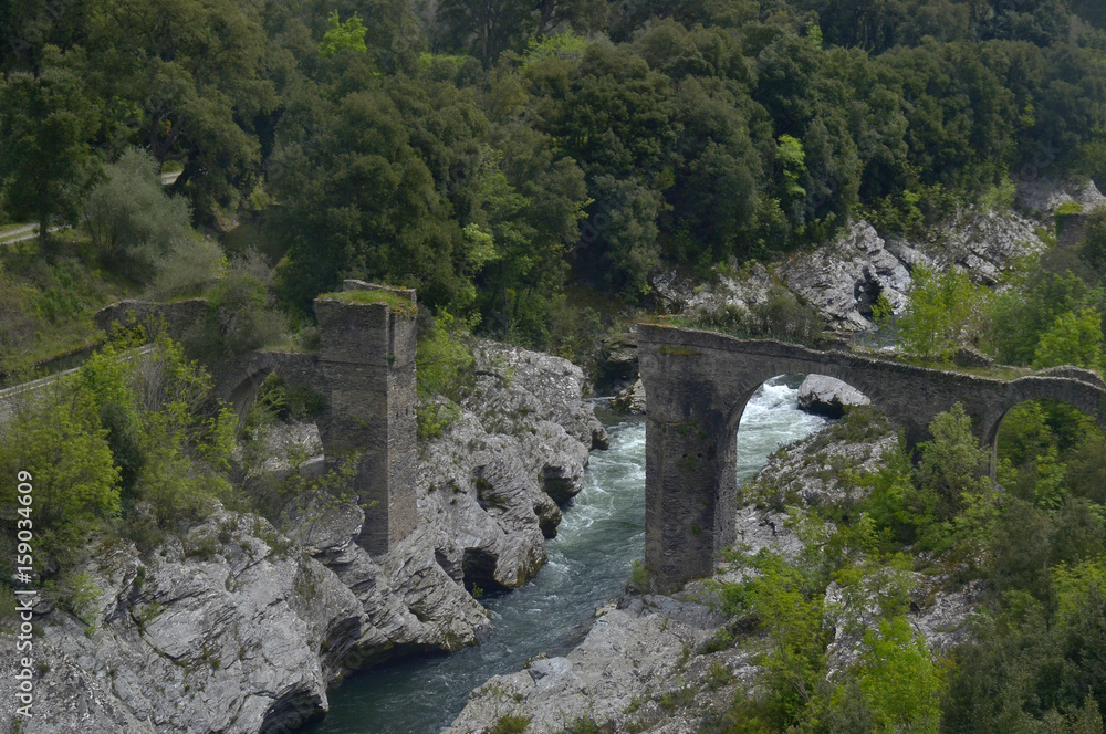 Old stone bridge in Golo. View from train carriage window at Kazamozza-Barketta railroad haul (Upper Corsica)