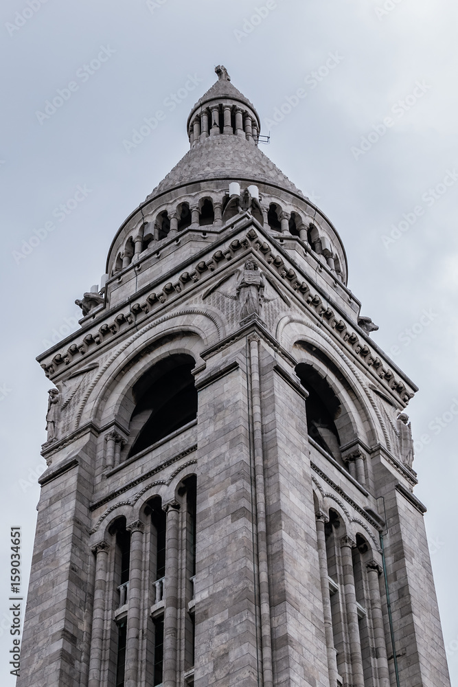 Detail of Basilica Sacre Coeur (designed by Paul Abadie, 1875 - 1914) - Roman Catholic church and minor basilica, dedicated to Sacred Heart of Jesus. Paris, France.