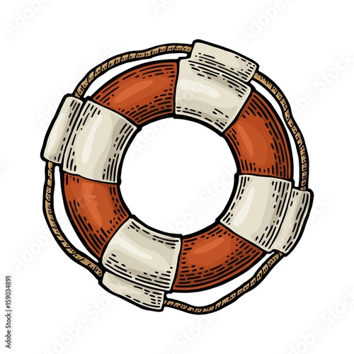 Lifebuoy with rope isolated on white background. Vector vintage engraving