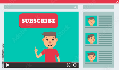 Video blogger concept. Male blogger channel. Computer screen with video player. Vector illustration in flat style