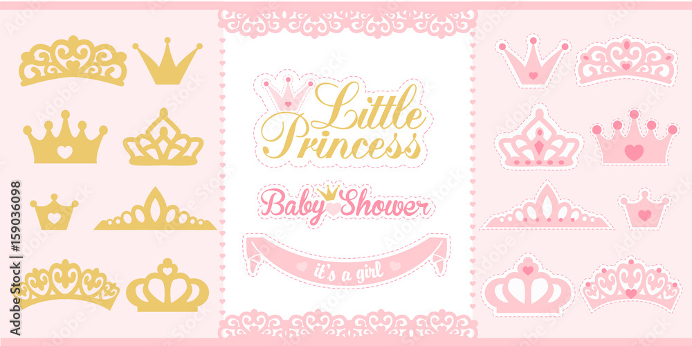 Gold and pink crowns set. Little princess design elements. Template silhouettes of crowns for laser cutting. Birthday party and girl baby shower decor. Gold and pink crowns set. Little princess design elements. Template silhouettes of crowns for laser cutting. Birthday party and girl baby shower decor.