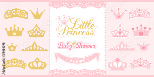 Gold and pink crowns set. Little princess design elements. Template silhouettes of crowns for laser cutting. Birthday party and girl baby shower decor. 