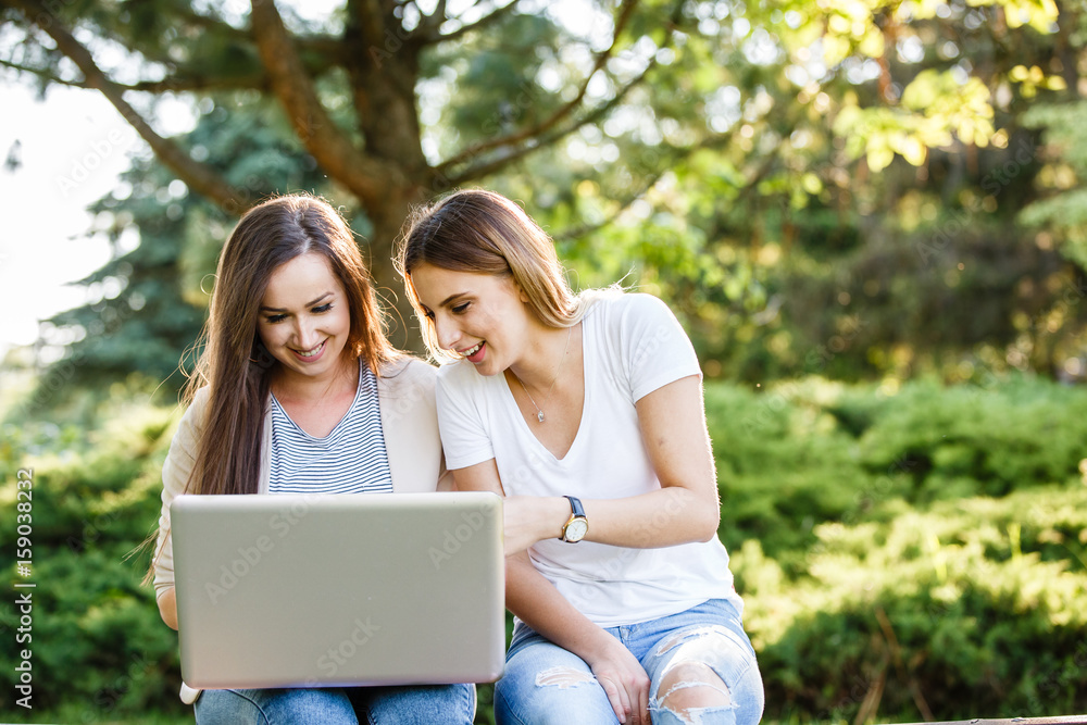 Two best friends in park,smiling and working on laptop Two best friends in park,smiling and working on laptop