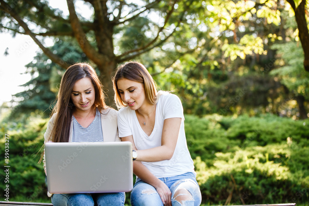 Two female friends in park sitting on bench and working on laptop Two female friends in park sitting on bench and working on laptop