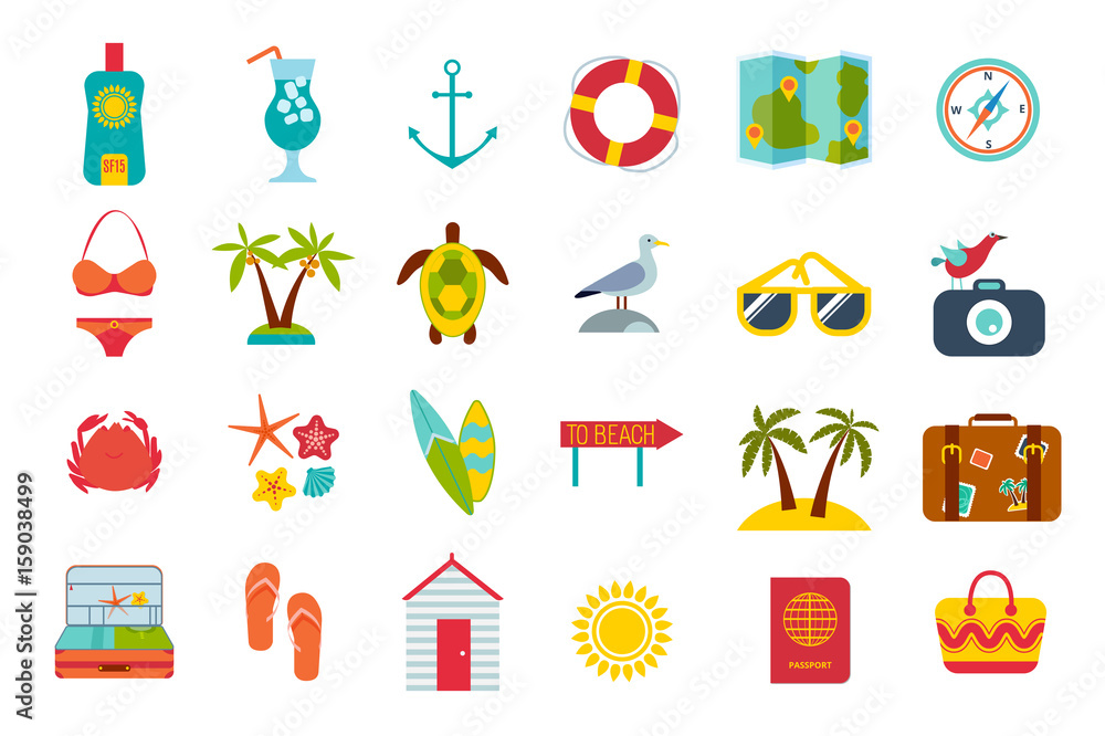 Set of summer icons. Beach accessories, sea objects, summer cosmetics, surfboards, animals and sea birds Set of summer icons. Beach accessories, sea objects, summer cosmetics, surfboards, animals and sea birds