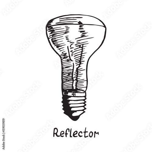 Reflector lamp type, woodcut style design, hand drawn doodle, sketch in pop art style, isolated vector illustration