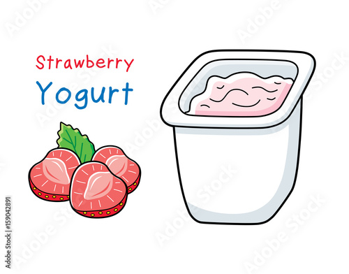 Yogurt in a white plastic cup and strawberries isolated.