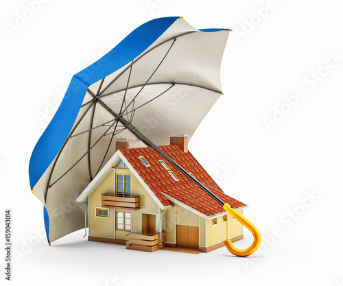 Real estate insurance industry, home safety and protection concept, house under blue umbrella isolated on white