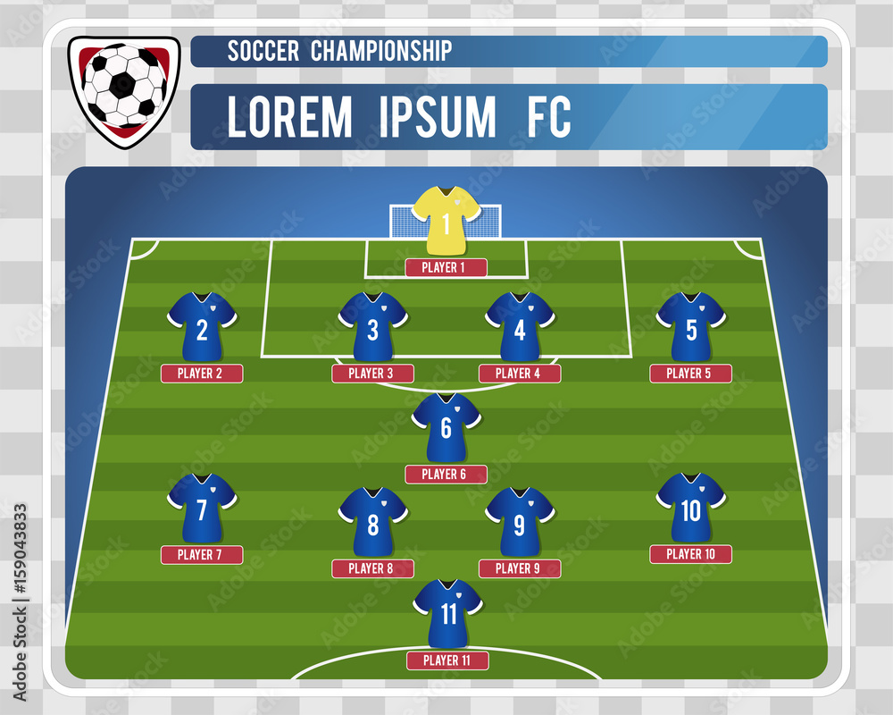 Football or soccer starting lineup with editable arrangement of players ...