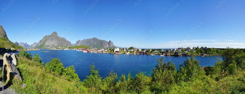 Panorama of Norwegian landscape with mountains and water in the Lofoten Islands, Norway