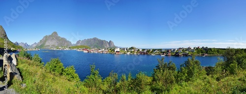 Panorama of Norwegian landscape with mountains and water in the Lofoten Islands, Norway
