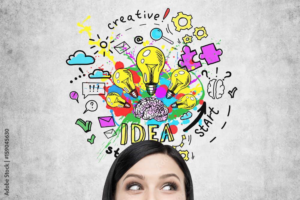 Black haired woman s head and creativity sketch Black haired woman s head and creativity sketch
