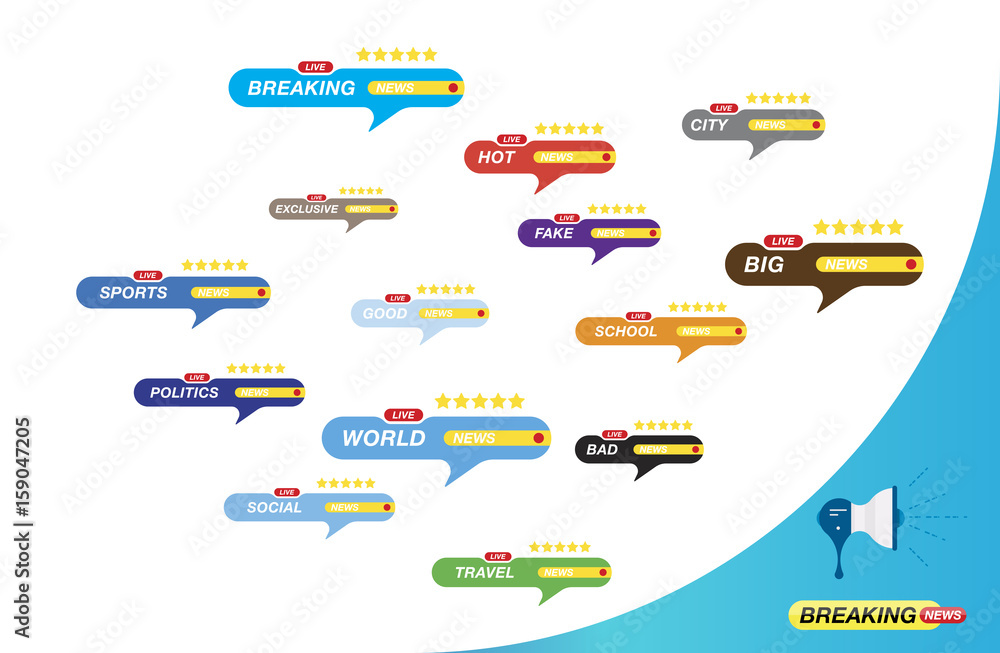 Fototapeta premium Set of buttons for television programs and the breaking news on various topics. Flat vector illustration EPS 10