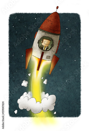 Businessman inside a rocket travels through space