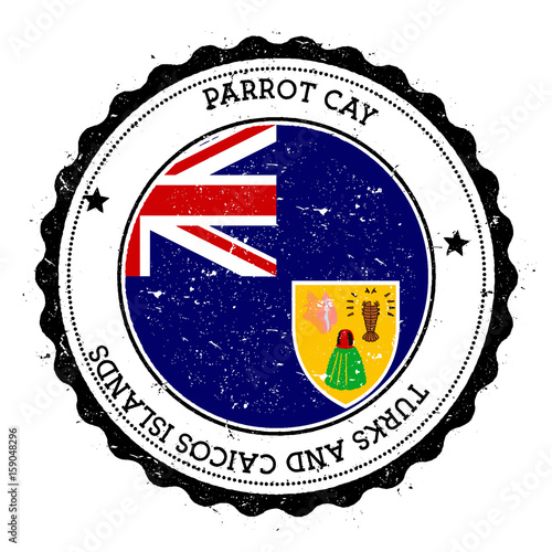 Parrot Cay flag badge. Vintage travel stamp with circular text, stars and island flag inside it. Vector illustration.