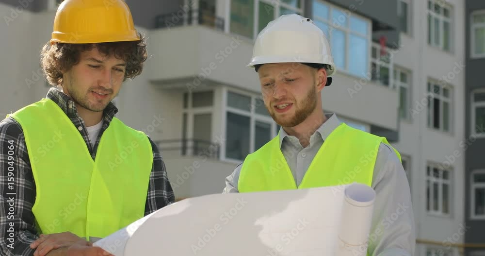 Two men builders in a protective helmet on their heads and special clothes looking drawing of building on unfinished construction. Outdoor. Two men builders in a protective helmet on their heads and special clothes looking drawing of building on unfinished construction. Outdoor.