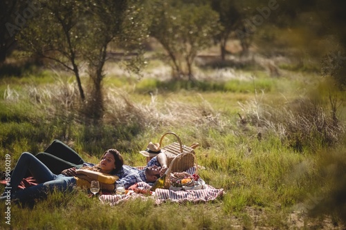 Young couple resting together on picnic blanket at olive farm
