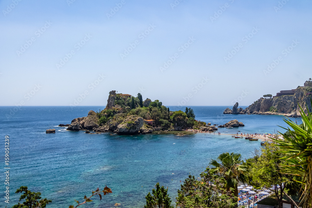 Aerial view of Isola Bella island and beach - Taormina, Sicily, Italy