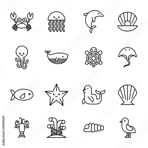 sea life icons set flat draw illustration vector design graphic