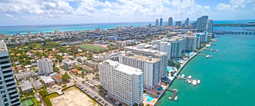 Miami Beach Western Bay Side Aerial Panorama of City