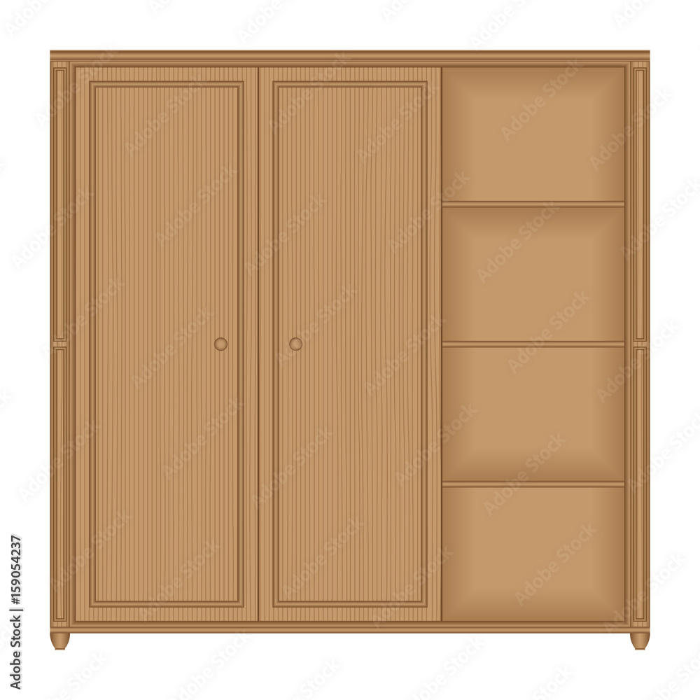 Front view of wooden wardrobe with shelves in isolated white background Front view of wooden wardrobe with shelves in isolated white background