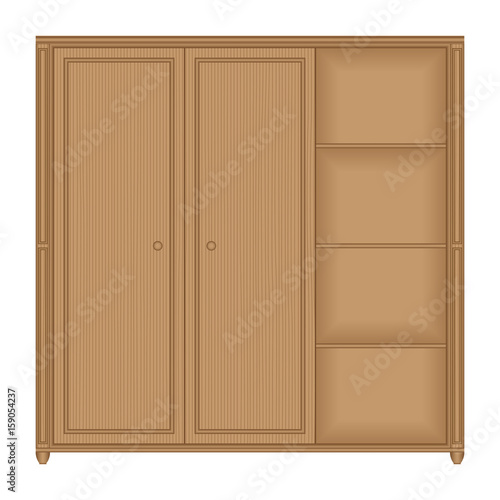 Front view of wooden wardrobe with shelves in isolated white background