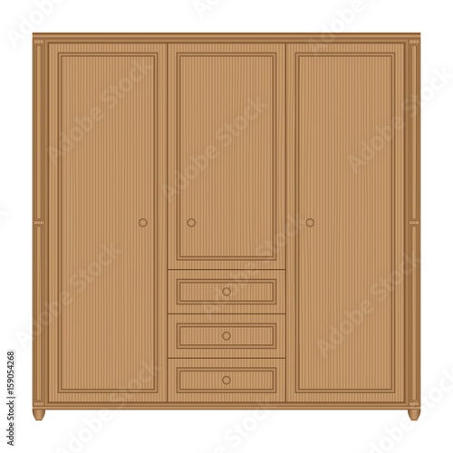 Front view of wooden wardrobe with drawers in isolated white background