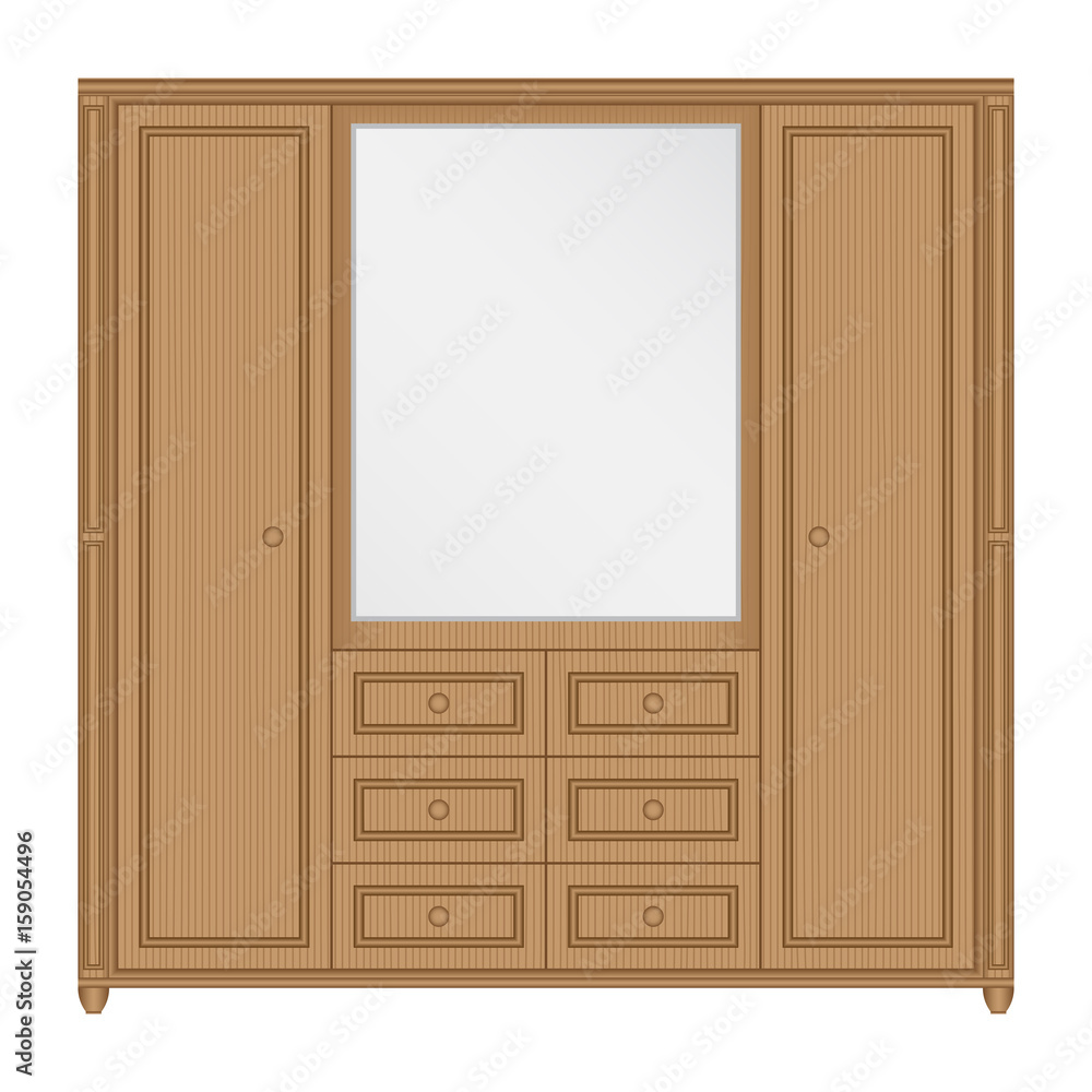 Front view of wooden wardrobe with mirror and drawers in isolated white background Front view of wooden wardrobe with mirror and drawers in isolated white background