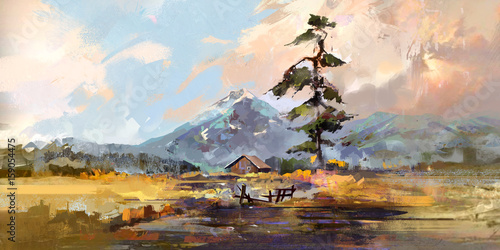 Obraz na płótnie rysowane przez szkic krajobraz z domu i sosny