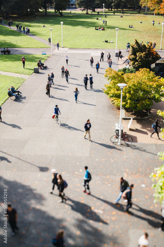 © Rob and Julia Campbell/Stocksy - High view of people - students -  walking on college campus