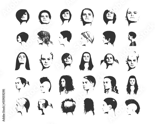 Collection of woman silhouettes with different hair styles.