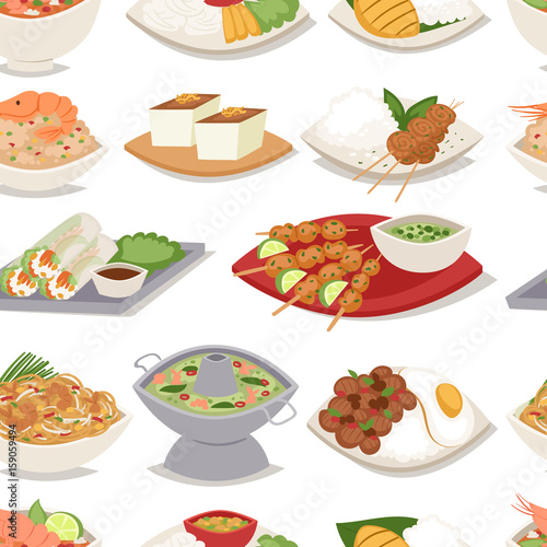 Traditional thai food asian plate cuisine thailand seafood cooking seamless pattern background vector illustration.
