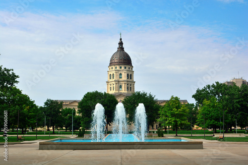 Kansas State Capitol Building with Fountains on a Sunny Day