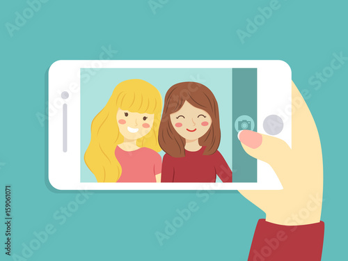 Two girls take a selfie picture together with smart phone vector illustration