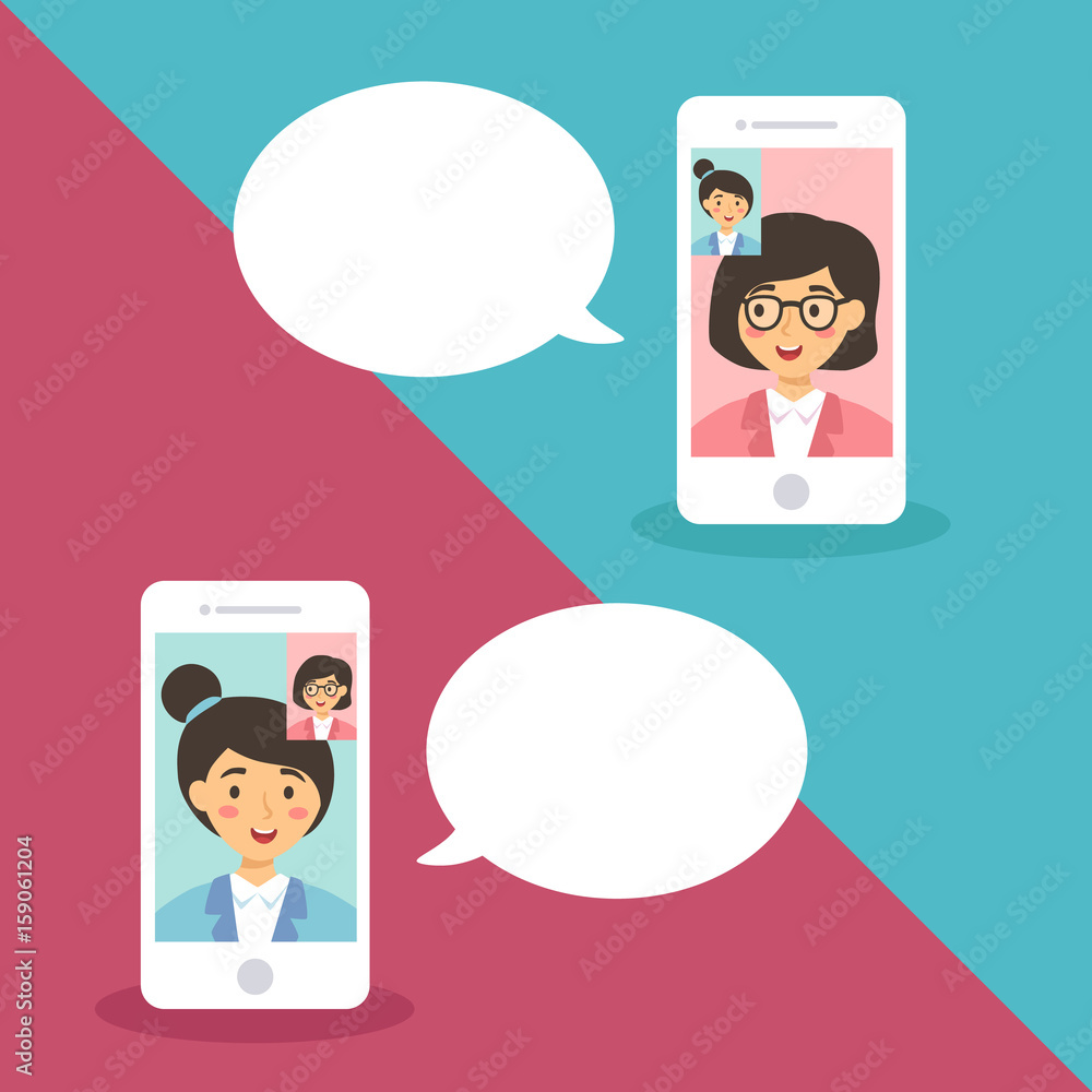 Two women doing conference video call using mobile phone and talking to each other with bubble speech vector illustration. Two women doing conference video call using mobile phone and talking to each other with bubble speech vector illustration.