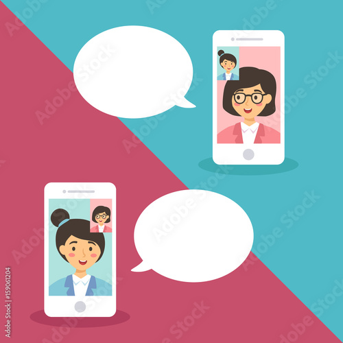 Two women doing conference video call using mobile phone and talking to each other with bubble speech vector illustration.
