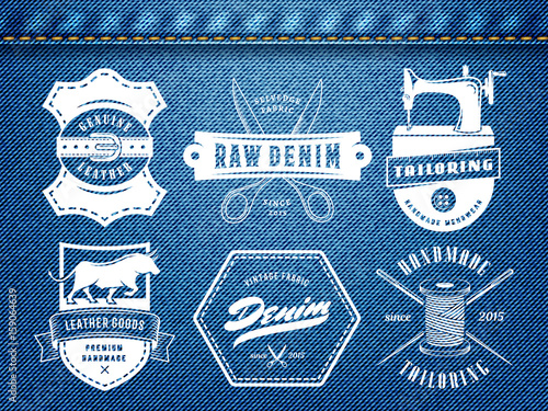 Vintage tailoring denim labels. Set of logos for tailoring, leather and denim shops. Vector retro style badges on jeans background.