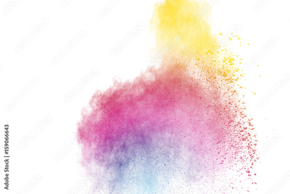 abstract color powder splatted on white background,Freeze motion of color powder explosion 