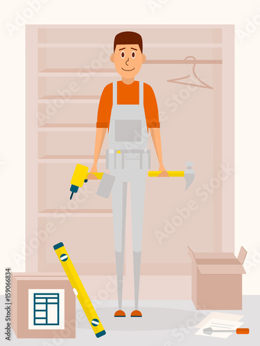 Furniture assembly service man. Vector cartoon character in flat style design. Handyman with drill tool and a hammer in hands. Furniture collector with screwdriver.
