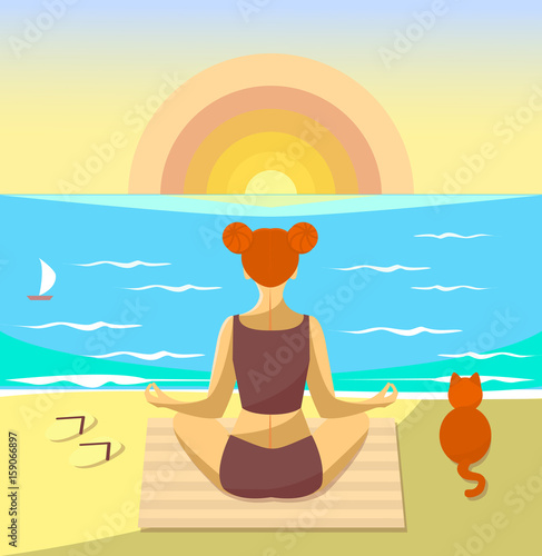 Woman meditating on a beach. Vector illustration. Girl sit with a cat and watch the sunset over the sea.