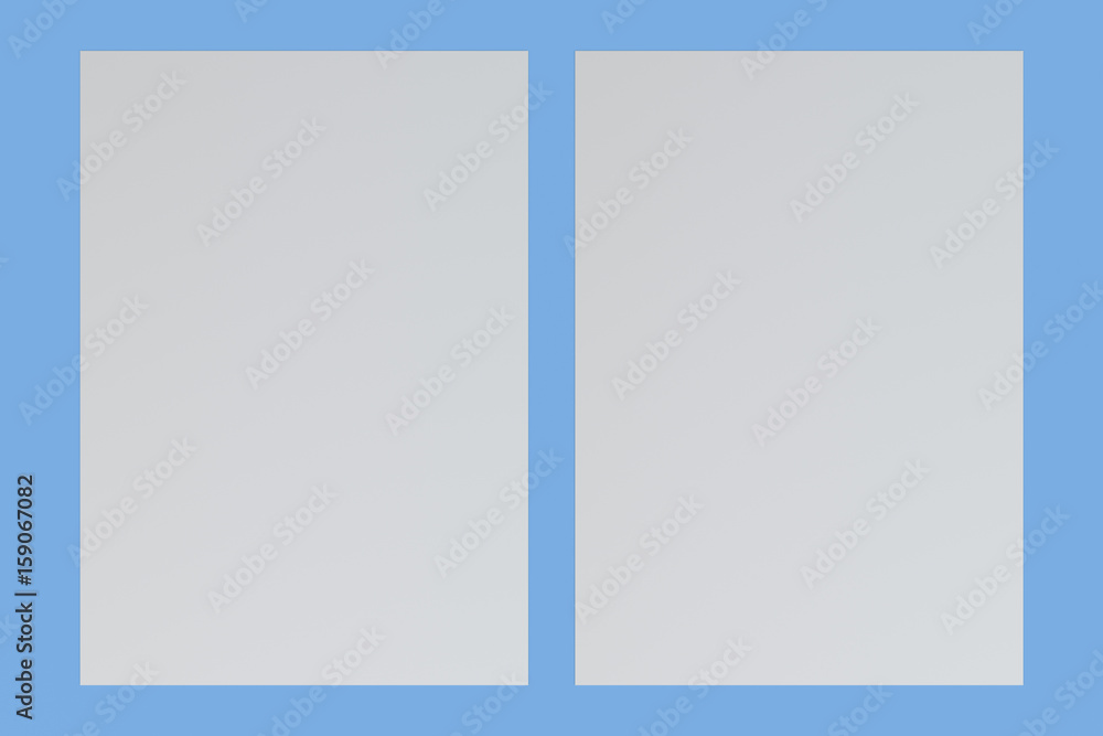 Two blank white flyers mockup on blue background Two blank white flyers mockup on blue background