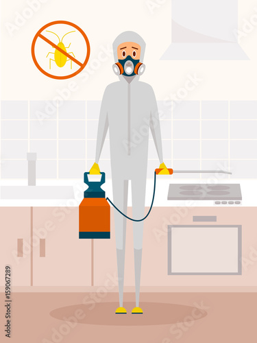 Pest control service worker in chemical protective suit. Vector cartoon character in flat style design. Extermination or domestic insect disinfection concept poster.