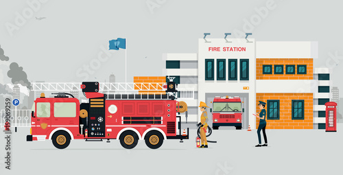 Fire station with fireman and fire truck with gray background. © intararit