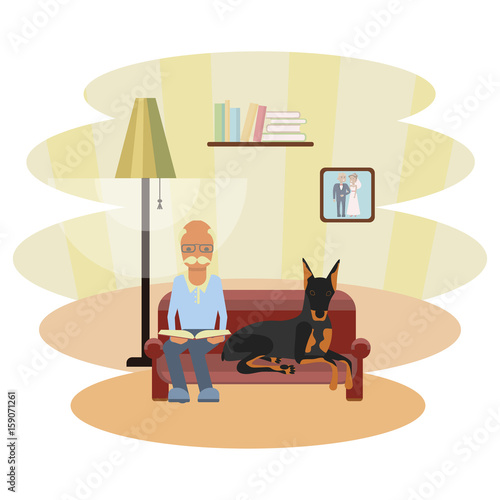 A senior man with dog, sits at sofa and reads a book in his living room. Vector illustration epa 10