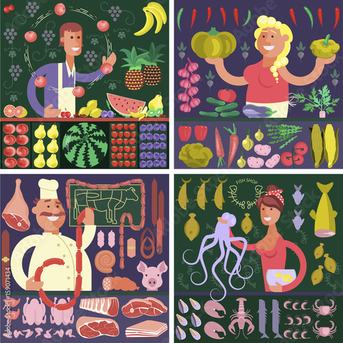 Set of stickers Cartoon character sellers men and women with fish, fruit, vegetable and meat shop. Vector illustration