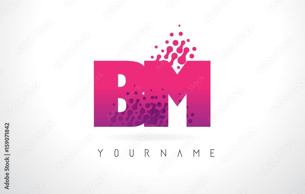 BM B M Letter Logo with Pink Purple Color and Particles Dots Design.